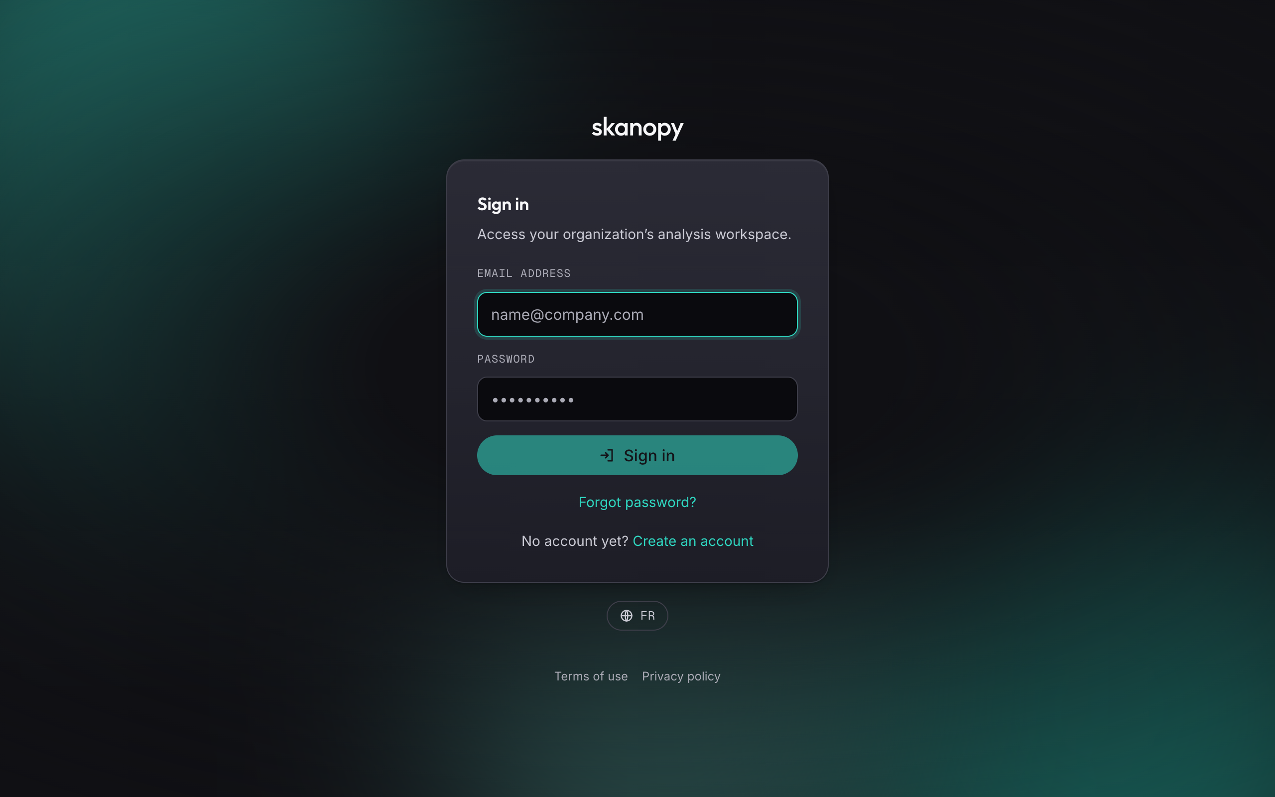 Sign-in screen for the Skanopy analysis workspace.