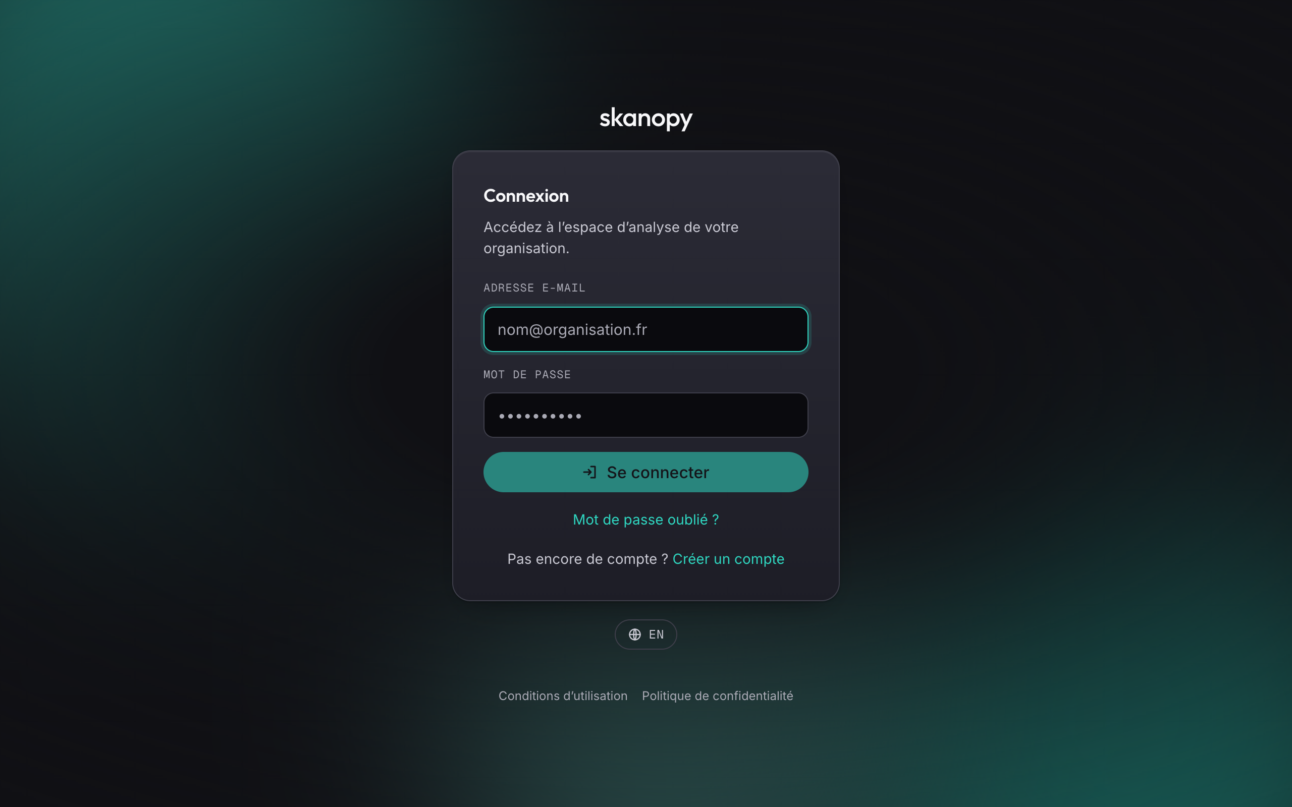 Écran de connexion à l’espace d’analyse Skanopy.